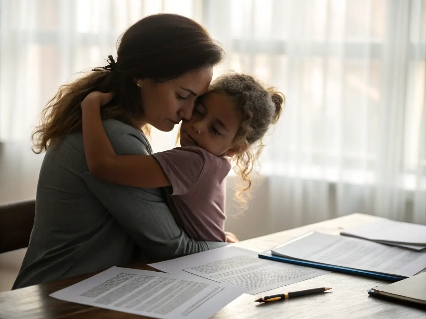 A parent is smiling while holding their child's hand, with family law documents subtly visible in the background, in a bright and supportive environment. This image represents DocPrep Agency's family law document assistance service.