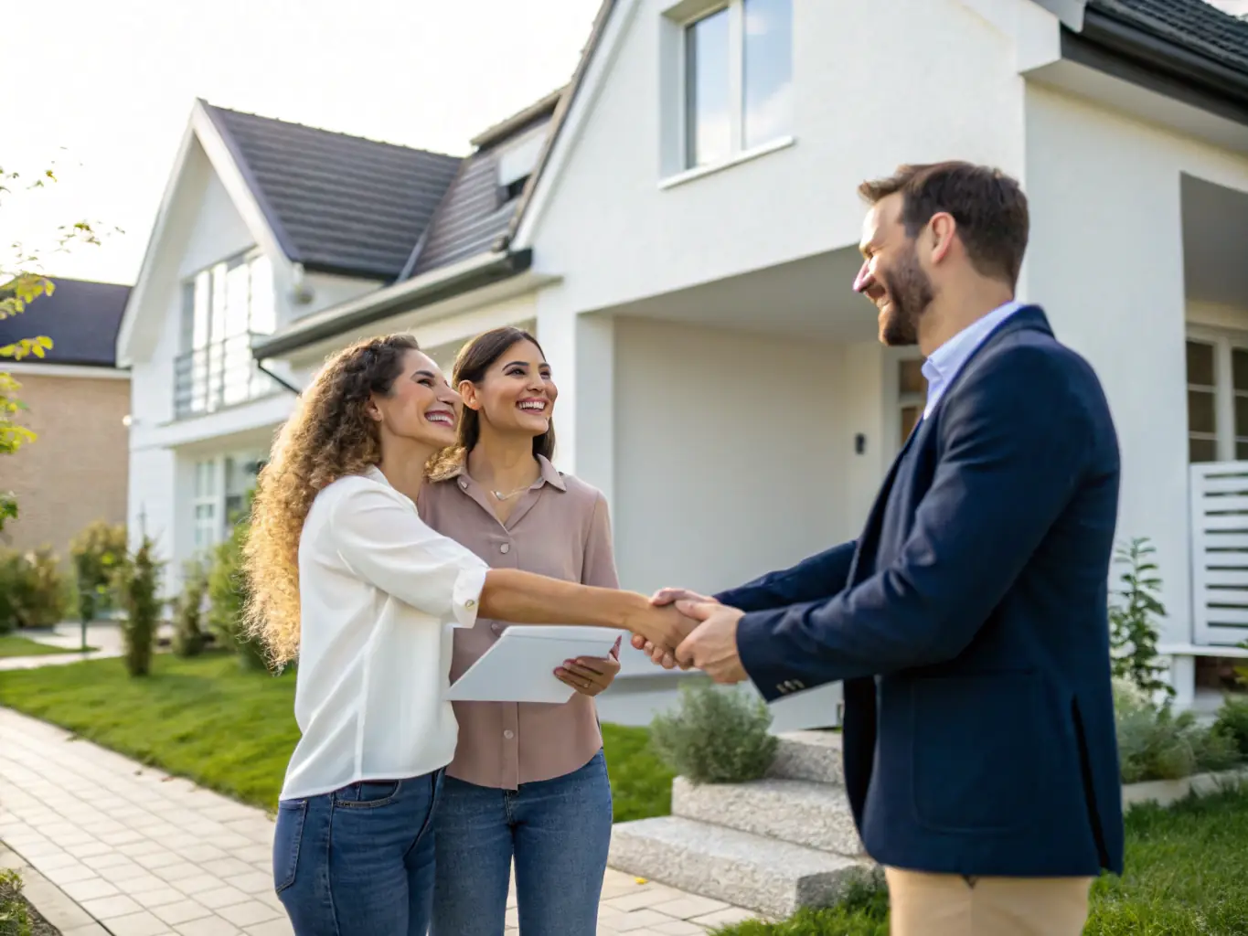 An image of a real estate agent handing over documents to a client, with a house in the background, illustrating our expertise in real estate document solutions.
