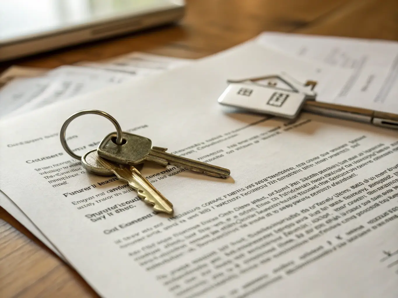 A set of keys is placed on top of real estate documents, with a house in the blurred background, in a professional and organized setting. This image represents DocPrep Agency's real estate document solutions.