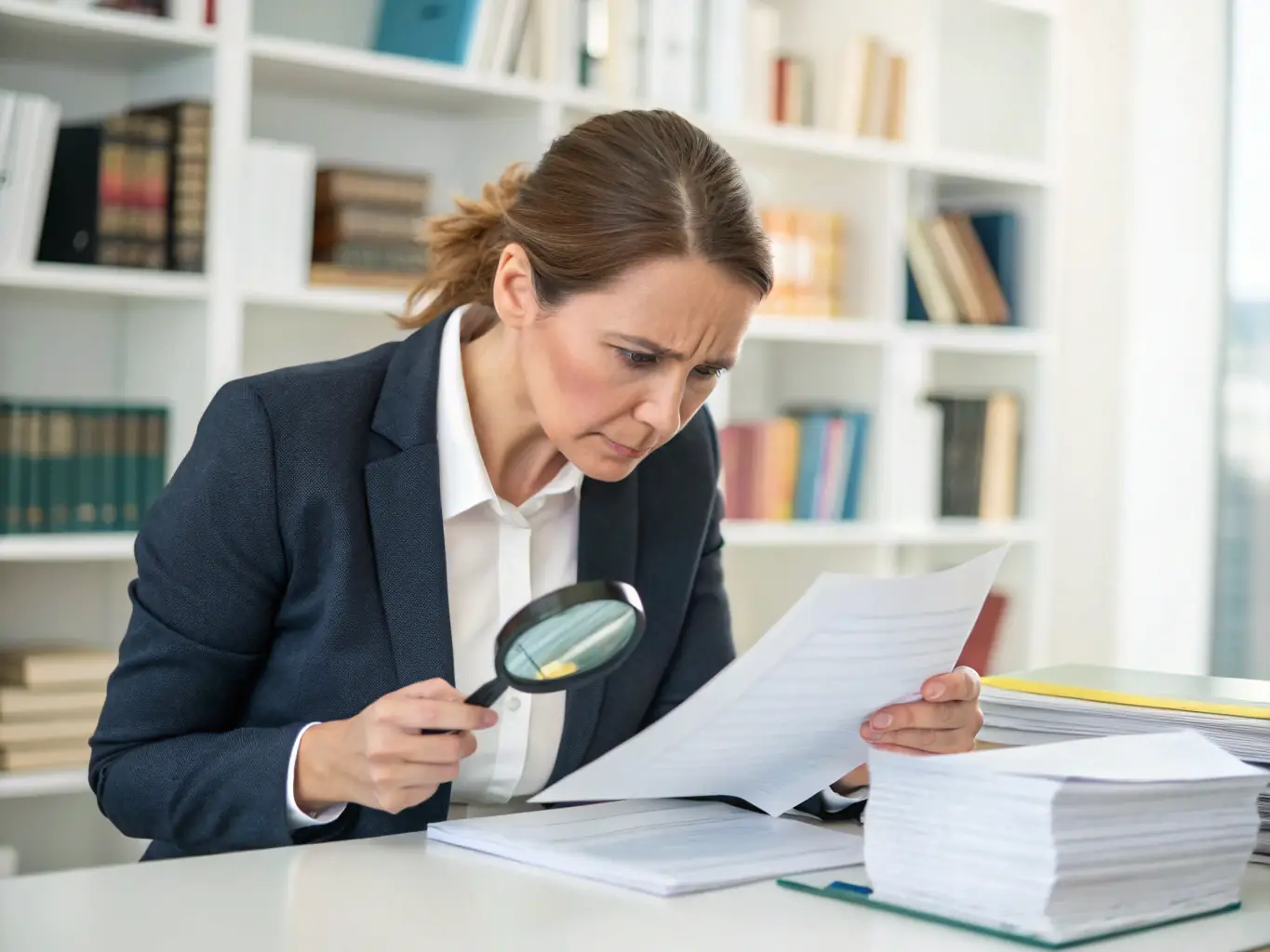 A person is carefully reviewing bankruptcy documents at a desk, with a calculator and pen nearby, in a well-lit office setting. This image represents DocPrep Agency's bankruptcy petition preparation service.